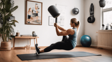 A person working out at home using various equipment and bodyweight exercises to build forearm muscles, including dumbbells, resistance bands, and a pull-u