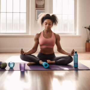 A person performing bicep curls using household items like water bottles, in a cozy living room setting with a yoga mat on the floor. The individual looks