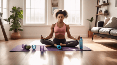 A person performing bicep curls using household items like water bottles, in a cozy living room setting with a yoga mat on the floor. The individual looks