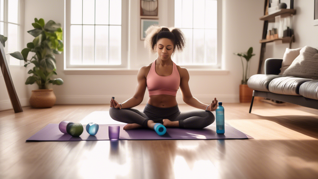 A person performing bicep curls using household items like water bottles, in a cozy living room setting with a yoga mat on the floor. The individual looks