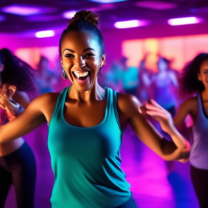 A vibrant and energetic fitness studio with colorful lights, featuring a group of diverse individuals engaged in a high-energy dance cardio class. The inst