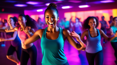 A vibrant and energetic fitness studio with colorful lights, featuring a group of diverse individuals engaged in a high-energy dance cardio class. The inst