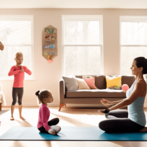 Create an image showing a stay-at-home parent performing a workout routine in their living room. The parent is engaging in exercises while watching over a