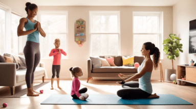 Create an image showing a stay-at-home parent performing a workout routine in their living room. The parent is engaging in exercises while watching over a