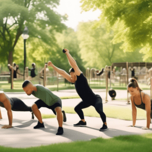 Create an image showcasing a diverse group of people performing various bodyweight arm exercises in an outdoor park setting. Exercises can include push-ups