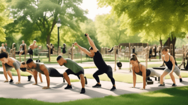 Create an image showcasing a diverse group of people performing various bodyweight arm exercises in an outdoor park setting. Exercises can include push-ups