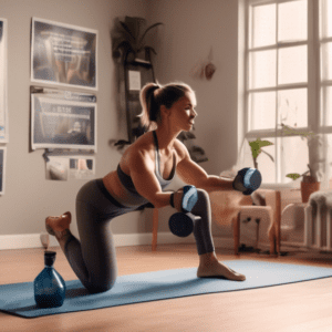 A detailed instructional scene showing a person performing various bicep exercises at home. The room has minimal but effective equipment like dumbbells, re