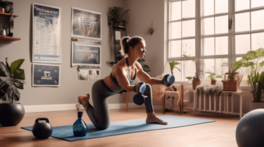 A detailed instructional scene showing a person performing various bicep exercises at home. The room has minimal but effective equipment like dumbbells, re