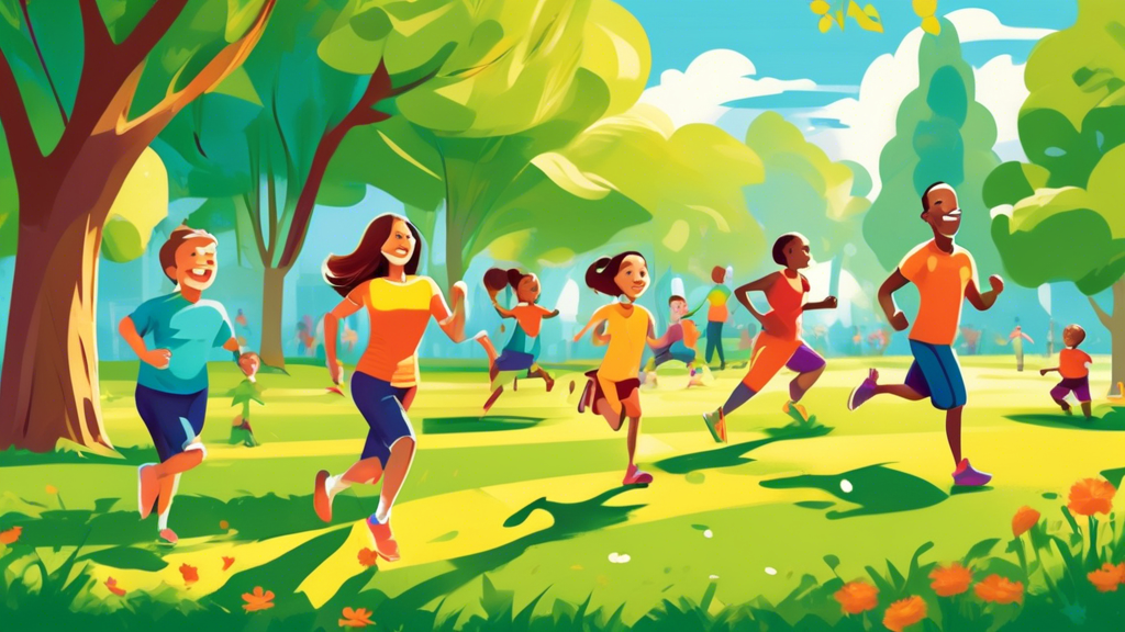 A vibrant scene in a sunny park featuring a happy family engaged in different fitness activities. Parents and children are seen running, biking, playing so