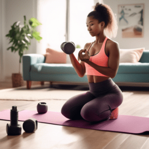 Create an image of a person engaging in a home workout in a well-lit, clutter-free living room. The person is using proper form while lifting dumbbells, wi