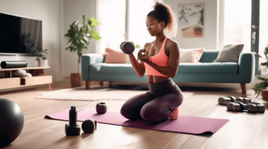 Create an image of a person engaging in a home workout in a well-lit, clutter-free living room. The person is using proper form while lifting dumbbells, wi