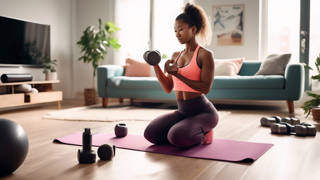 Create an image of a person engaging in a home workout in a well-lit, clutter-free living room. The person is using proper form while lifting dumbbells, wi