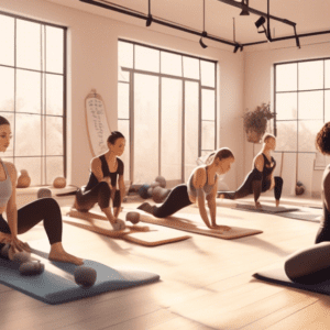 A serene studio with large windows letting in natural light, showcasing a group of diverse individuals engaged in a Pilates core workout on mats. They are