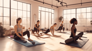 A serene studio with large windows letting in natural light, showcasing a group of diverse individuals engaged in a Pilates core workout on mats. They are