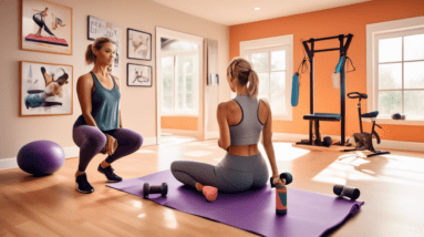 A brightly lit home gym setup with a yoga mat, a set of weights, and a stationary bicycle. A person is seen correctly doing a warm-up stretch using a resis