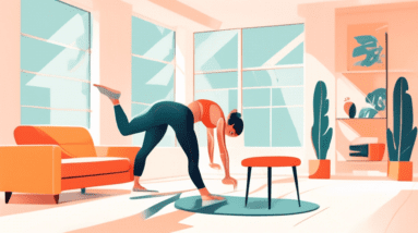 Create an image of a person performing various arm exercises without any equipment in a bright and airy living room. The person is shown doing activities l