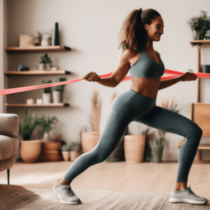 Create an image of a person performing a variety of leg exercises at home, including squats, lunges, and calf raises, using minimal equipment like resistan