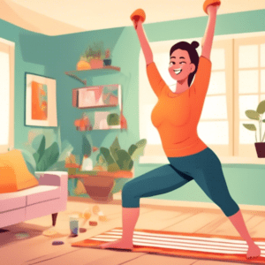 A cheerful beginner performing a variety of arm exercises without any weights, utilizing everyday objects like a towel and chair for resistance. The settin