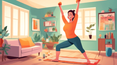 A cheerful beginner performing a variety of arm exercises without any weights, utilizing everyday objects like a towel and chair for resistance. The settin