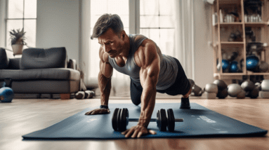 A man working out at home in a well-lit living room, performing push-ups with perfect form. Nearby, a set of dumbbells and resistance bands are on the floo