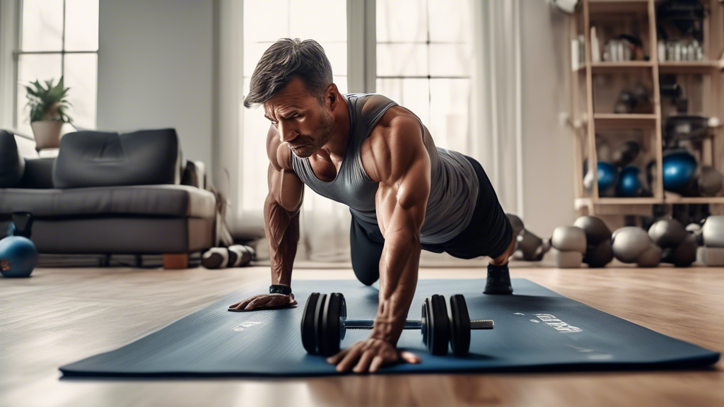 A man working out at home in a well-lit living room, performing push-ups with perfect form. Nearby, a set of dumbbells and resistance bands are on the floo