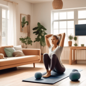 A cozy living room scene with a soft workout mat laid out in the center. A person is doing gentle stretching exercises while following a guided routine on