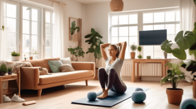 A cozy living room scene with a soft workout mat laid out in the center. A person is doing gentle stretching exercises while following a guided routine on