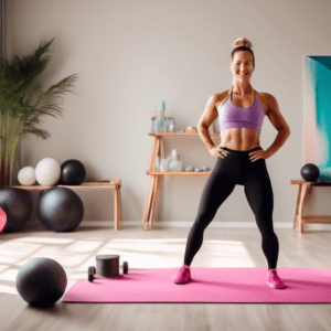 A vibrant home gym scene with a cheerful fitness trainer demonstrating effective thigh and buttocks exercises such as squats, lunges, and leg raises. The r