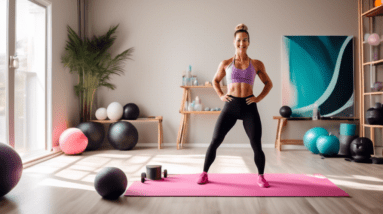 A vibrant home gym scene with a cheerful fitness trainer demonstrating effective thigh and buttocks exercises such as squats, lunges, and leg raises. The r