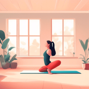 A cozy, minimalist room with a person performing a bodyweight exercise like yoga or push-ups on a mat, surrounded by simple, space-saving furniture and ser