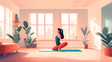 A cozy, minimalist room with a person performing a bodyweight exercise like yoga or push-ups on a mat, surrounded by simple, space-saving furniture and ser