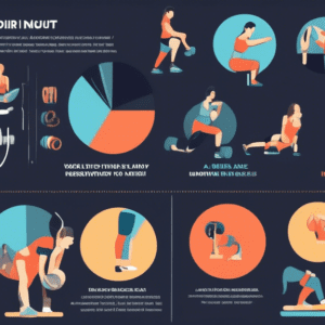 A detailed infographic showing statistics of home workout injuries, a divided pie chart displaying different types of injuries, a bar graph comparing male