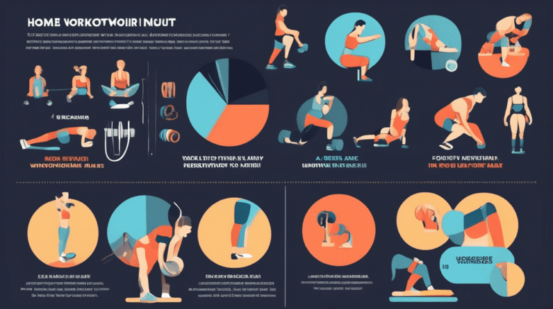 A detailed infographic showing statistics of home workout injuries, a divided pie chart displaying different types of injuries, a bar graph comparing male