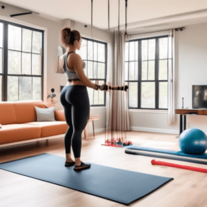 A modern living room transformed into a home gym with versatile workout equipment like resistance bands, dumbbells, and a yoga mat. The room features furni