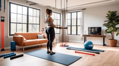 A modern living room transformed into a home gym with versatile workout equipment like resistance bands, dumbbells, and a yoga mat. The room features furni