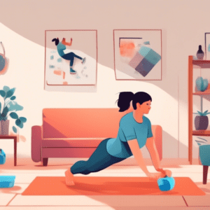 A person performing various arm exercises in a cozy living room, using bodyweight techniques such as push-ups, tricep dips using a sturdy chair, and bicep