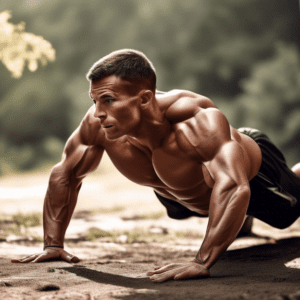 A determined athlete performing intense bodyweight exercises, such as push-ups, pull-ups, and tricep dips, in an outdoor environment with a motivational ba