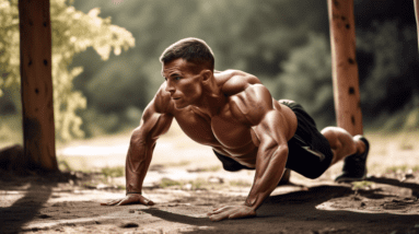 A determined athlete performing intense bodyweight exercises, such as push-ups, pull-ups, and tricep dips, in an outdoor environment with a motivational ba