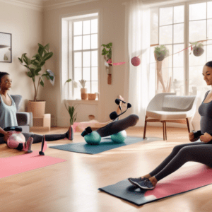 A cozy living room transformed into a workout space, featuring exercise mats and resistance bands. A person with an arm in a sling is doing seated leg lift