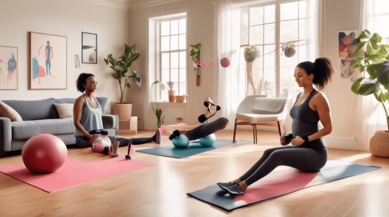 A cozy living room transformed into a workout space, featuring exercise mats and resistance bands. A person with an arm in a sling is doing seated leg lift