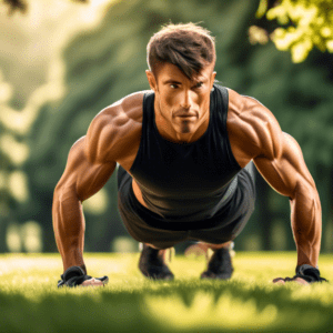 A fit person doing an outdoor workout in a scenic park, performing bodyweight exercises like planks, push-ups, and crunches. The person looks determined an