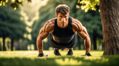 A fit person doing an outdoor workout in a scenic park, performing bodyweight exercises like planks, push-ups, and crunches. The person looks determined an