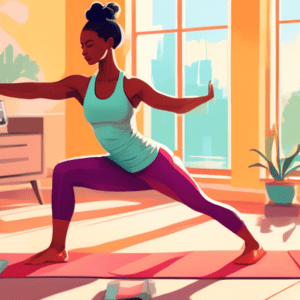 A vibrant illustration of a woman performing arm exercises without weights. She is dressed in comfortable workout attire, in a bright, spacious living room