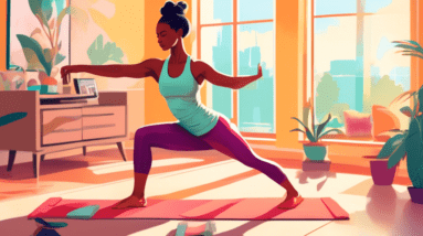 A vibrant illustration of a woman performing arm exercises without weights. She is dressed in comfortable workout attire, in a bright, spacious living room