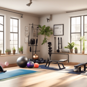 A high-resolution image depicting a well-lit home gym setup, featuring a variety of workout equipment designed for injury prevention. The room includes res