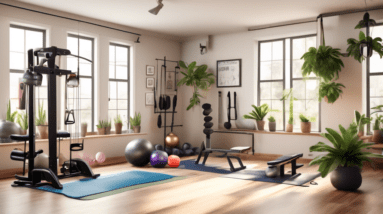 A high-resolution image depicting a well-lit home gym setup, featuring a variety of workout equipment designed for injury prevention. The room includes res