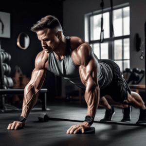 A fit man in a home gym environment performing various arm exercises without weights. He is doing push-ups, tricep dips on a bench, and resistance band cur