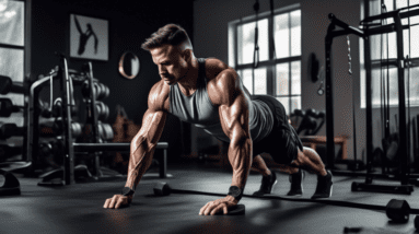 A fit man in a home gym environment performing various arm exercises without weights. He is doing push-ups, tricep dips on a bench, and resistance band cur