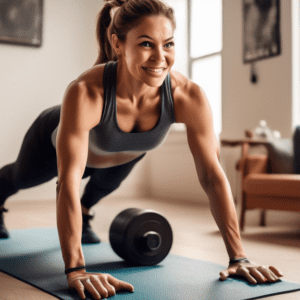 A fit, confident woman working out in her living room, performing exercises like push-ups, dumbbell curls, or tricep dips. The room is cozy and well-lit, w