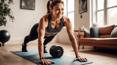 A fit, confident woman working out in her living room, performing exercises like push-ups, dumbbell curls, or tricep dips. The room is cozy and well-lit, w